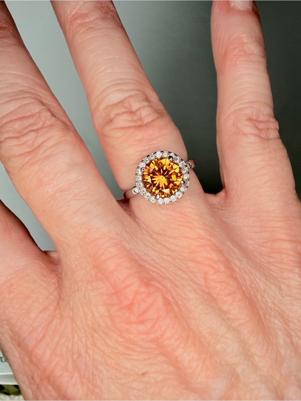 Sterling Halo Ring with Amber Center Stone - Women Jewelry